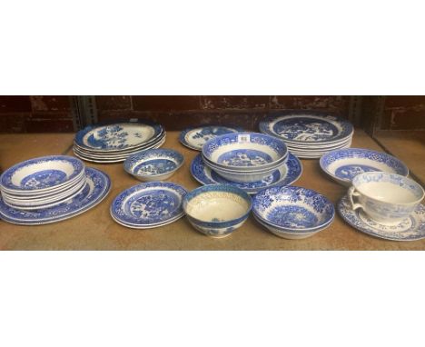 SHELF OF MISC BLUE & WHITE CHINA, MAINLY PLATES & DISHES