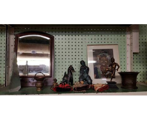 SHELF OF MIXED ITEMS WITH A MIRROR, FIGURES, PICTURE, SMALL DOLLS ETC