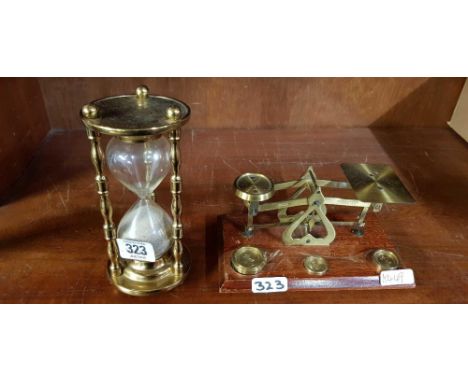 PAIR OF BRASS SCALES & WEIGHT & EGG TIMER