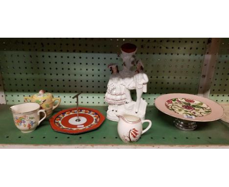 SHELF OF CHINAWARE INCL; CAKE DISHES, FLAT BACK FIGURE ETC