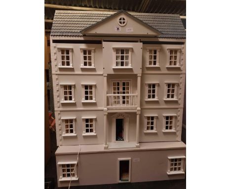 OFF WHITE PAINTED 4 STOREY DOLLS HOUSE COMPLETE WITH MISC FURNITURE & ELECTRIC LIGHTING, 32" WIDE X 18" DEEP X 42" TALL