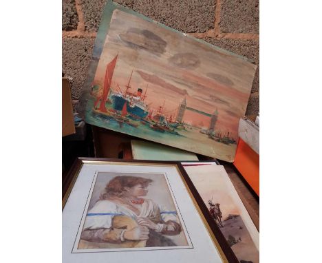 CARTON WITH MISC WATERCOLOURS, VINTAGE LETTER BOOK & AN AUTOGRAPH BOOK, & F/G PICTURE OF A YOUNG GIRL