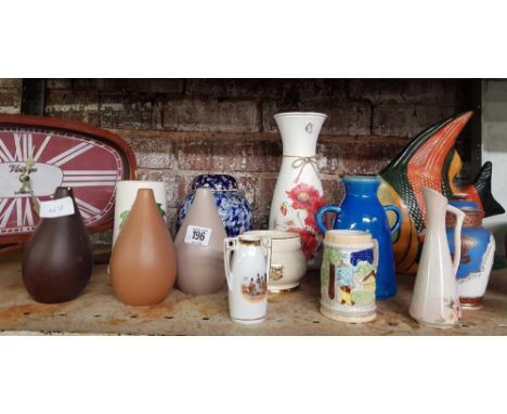 SHELF OF MISC JUGS & VASES & A CLOCK BY VINTAGE OF LONDON