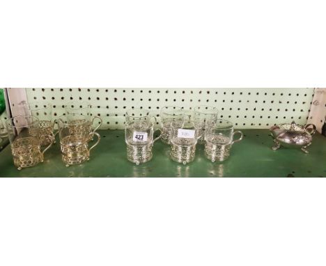 SHELF OF FRENCH TEA GLASSES & GLASS TEA CUPS WITH PLATED TEA POT