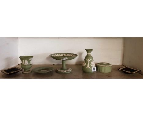 SHELF OF GREEN WEDGWOOD PIECES & 2 BLACK WEDGWOOD DISHES