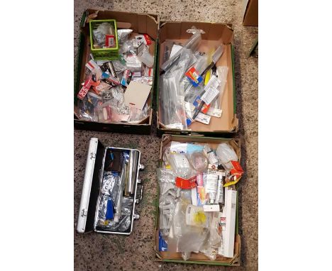 3 CARTONS OF MISC MODEL CRAFT ENGINE SPARES, PROPELLERS, ADHESIVE & SEALANTS, AN ALUMINIUM CARRY CASE WITH VARIOUS SPARE PART
