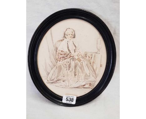 A FINE PENCIL AND WATERCOLOUR MINIATURE PORTRAIT OF LADY SELINA DENT [1807-1885] DAUGHTER OF 12TH EARL OF HUNTINGDON. SEATED 