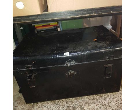 BLACK PAINTED METAL TRUNK, LATCH MISSING