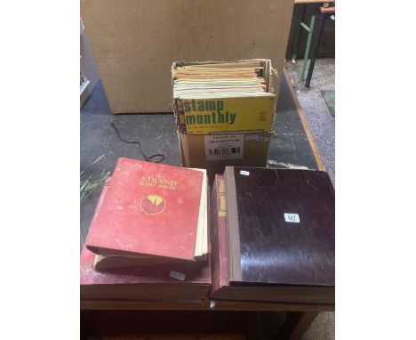 QTY OF STAMP MONTHLY MAGAZINE, 4 VINTAGE STAMP ALBUMS (STAMPS REMOVED), SPRING BINDER & 1 OTHER