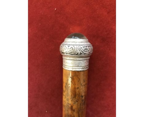 Rare German wooden walking stick with un-screwable cap and hollow stem (empty), white metal cap with German inscription. Appr