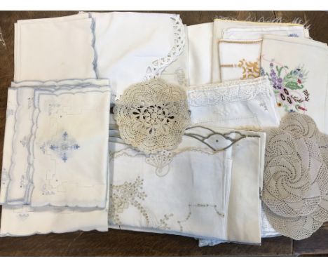 Vintage textiles collection includes: Mixed lot of five tray cloths &amp; 2 chairback covers, 1940/50s, 100% linen with embro