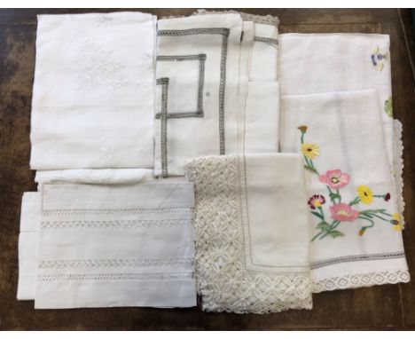 Vintage textiles collection includes: Beautiful fine linen pieces, runner 96x26cm and 2 mats, 84cm sq. and 62cm sq., with dra