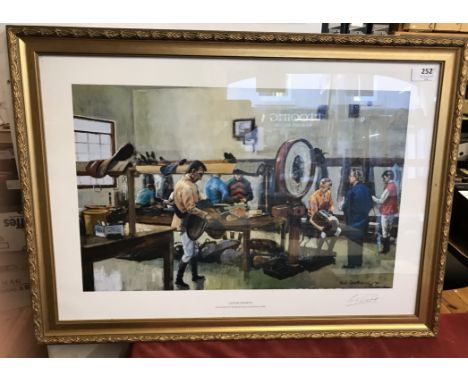 Signed by Lester Piggott, Newmarket The Weighing Room on the Rowley Mile, framed and glazed, colour print, artist Neil Cawtho