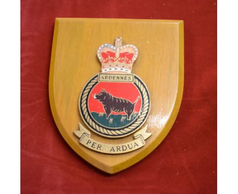 British wooden wall plaque for the RASCV Ardennes / HMAV Ardennes - Mark 8 Landing Craft Tank - LCT 8 - LCT Mark VII, in a sc