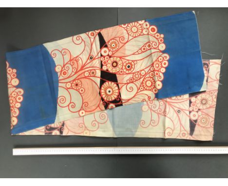 70” stunning kimono print silk, mid to late 20th century, ‘modern’ style  five colour pattern with hand stitched details, tan