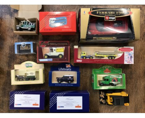 Two boxes of Toy Cars and vehicles including: Budgens Limited Edition Oxford Die Cast Milk Float, Royal Mail Millennium Colle