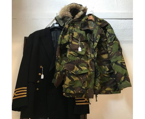 British WWII and later uniforms including a Merchant Navy Chief Engineers Uniform Jacket,  and a 1980s lightweight camo jacke