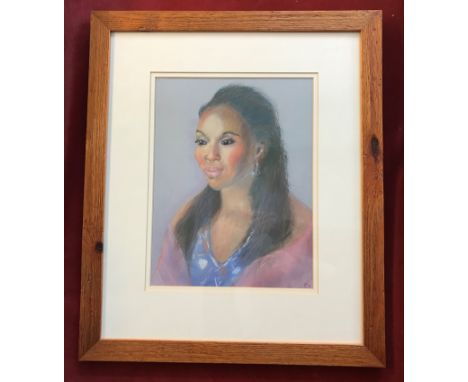 Attractive colour pastel portrait of a lady in a pink shawl, nicely framed in wooden frame and ready to hang, modern. Artist 