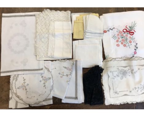 Vintage textiles collection includes: 5 sets of linen cocktail napkins, 23 total, with cutwork or embroidery, early mid centu