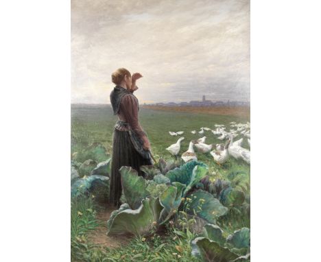 German School (19th Century)Landscape with lady and geese at the edge of a cabbage patch, a town in the distanceindistinctly 