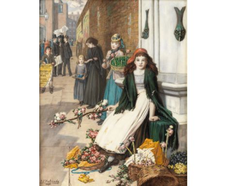Augustus Edwin Mulready (British, 1844-1905)'At the corner of a London street'  signed and dated 'A E Mulready/1896' (lower l