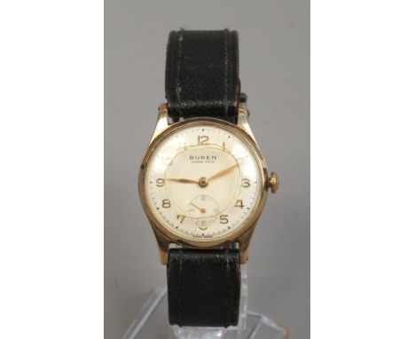 A gentleman's 9ct gold cased manual Buren Grand Prix wristwatch with subsidiary seconds and applied gold Arabic numeral marke
