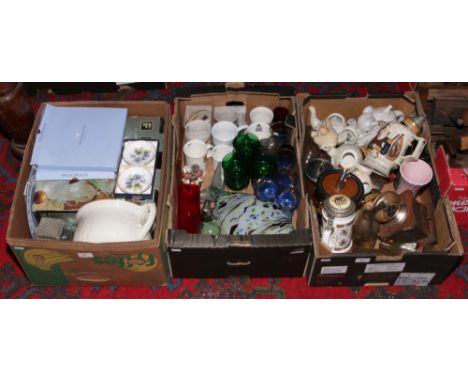Three boxes of miscellaneous to include Wedgwood cabinet plates, Royal Worcester trinket dishes, large glass fish, coffee gri