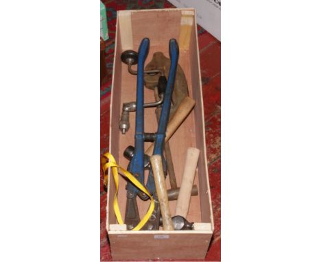 A box of hand tools including record bolt croppers, record pipe cutter, hammers etc.