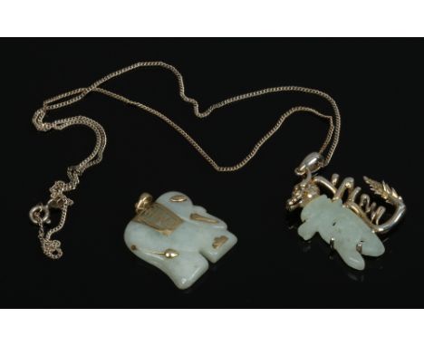 A 9ct gold and jade elephant pendant along with jade and 925 silver and gilt pendant and chain.