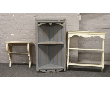 A collection of painted furniture to include wall rack, hall mounted corner cupboard and wall bracket / shelf.