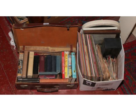 A suitcase containing vintage children's books and a box of L.P records, 78s, 45s, mirrors, pictures and cassette tapes.