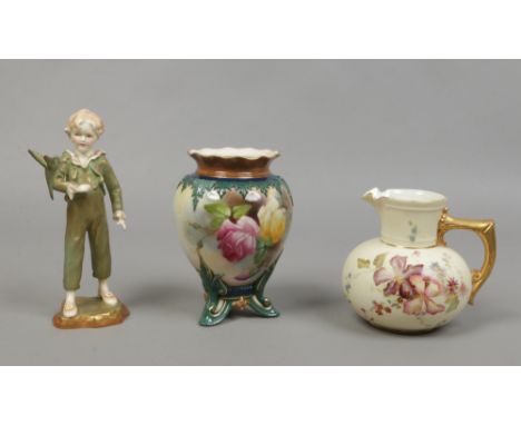 Three pieces of Royal Worcester; a potpourri vase painted with roses raised on scrolling feet, an ivory ground jug painted wi