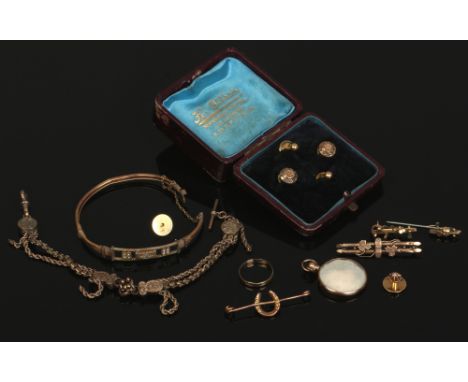 A quantity of gold and yellow metal jewellery and collectables including a 9ct gold bangle set with diamond and seed pearls (