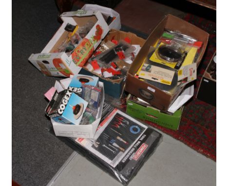 Five boxes of new and unused hand tools and hardware including pliers, saw blades, Allen keys, sanding discs etc.