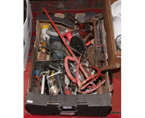 A box of tools including various sized spanners, oil can, sockets, files, drivers etc.