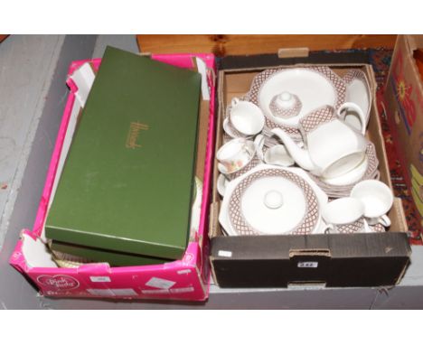 Two boxes of miscellaneous including a part Royal Doulton dinner service in the Tivoli design boxed Harrods cut crystal drink