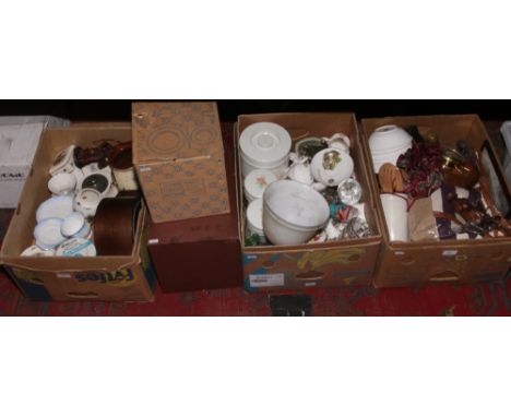 Three boxes of miscellaneous to include Royal Albert, oak mantel clock, boxed Duchess bone china, filing drawers etc.