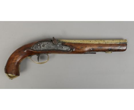A 19th century brass barrel percussion cap flint lock pistol with walnut full stock.Condition report intended as a guide only