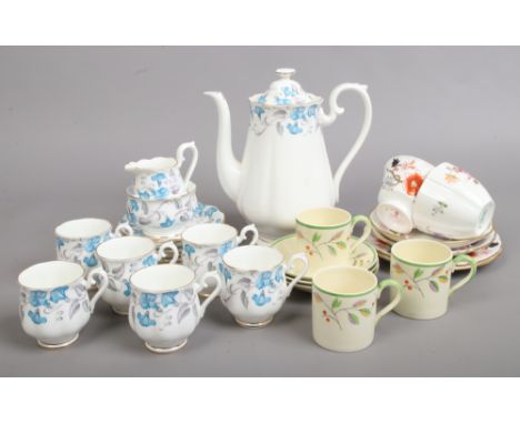 A collection of bone china teawares to include Royal Albert Morning Glory, Royal Crown Derby and Spode.