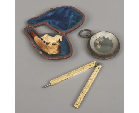 A miniature folding ivory ruler, cased meerschaum pipe and a set of three cased pocket dice.