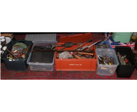 Six boxes of various hand tools including vintage wolf electric drill sander, spanners, hammers, pipe bender, drivers, socket