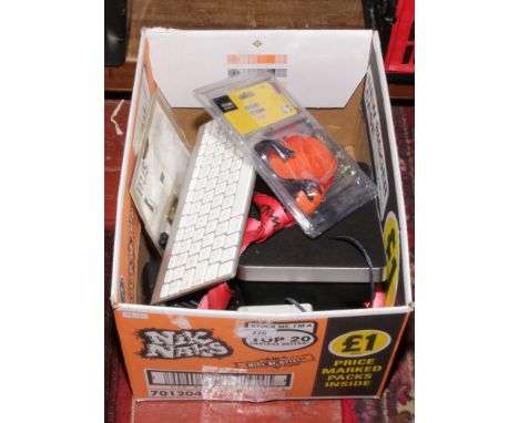A box of miscellaneous to include gear 4 phone charger / speaker, Apple mouse and keyboard, ratchet ties etc.