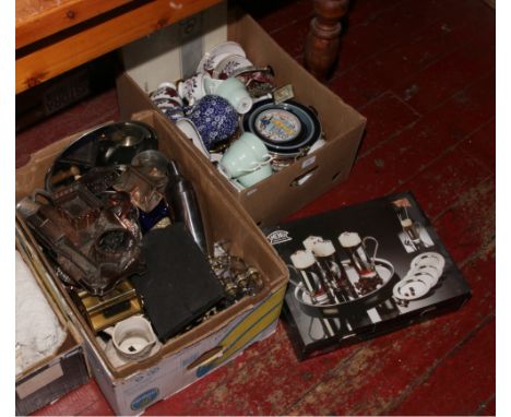 Two boxes of miscellaneous to include bone china teawares, touristwares, cocktail shaker, quartz mantle clock etc.