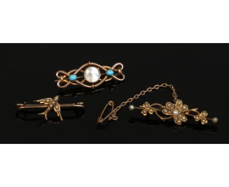 A 9ct gold knot brooch set with a mabe pearl flanked by turquoise along with two other yellow metal bar brooches set with see