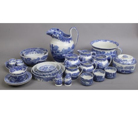 A collection of Copeland Spode Italian design blue and white pottery to include dinnerwares, wash jug, chamber pot etc, appro