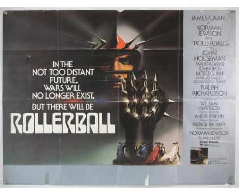 Rollerball (1975) British Quad film poster, starring James Caan & Maud Adams, Bob Peak art, folded, 30 x 40 inches. 