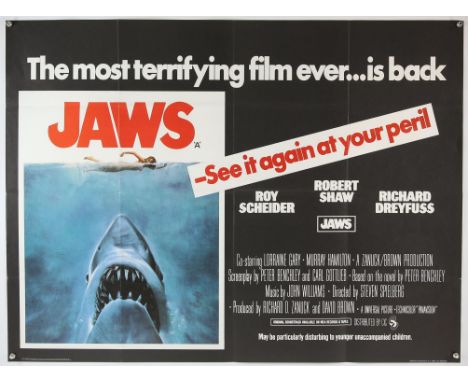 Jaws (R-1970's) British Quad film poster, folded, 30 x 40 inches. 