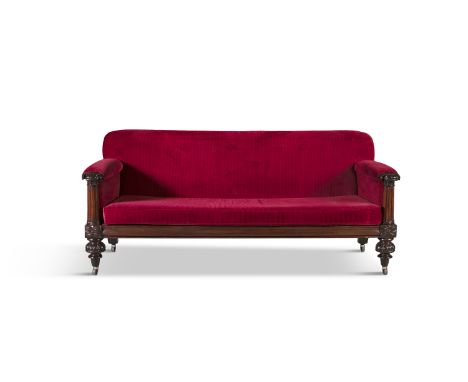 A WILLIAM IV MAHOGANY FRAMED LONG RECTANGULAR SOFA BY WILLIAMS &amp; GIBTON, stamped, serial no 1509, with upholstered back, 