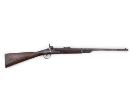 A 19TH CENTURY PERCUSSION ACTION RIFLE, with walnut stock and folding sight aperture, with single iron barrel band and brass 