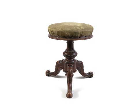 A VICTORIAN WALNUT CIRCULAR REVOLVING PIANO STOOL, the padded seat raised on baluster turned column and leaf carved cabriole 